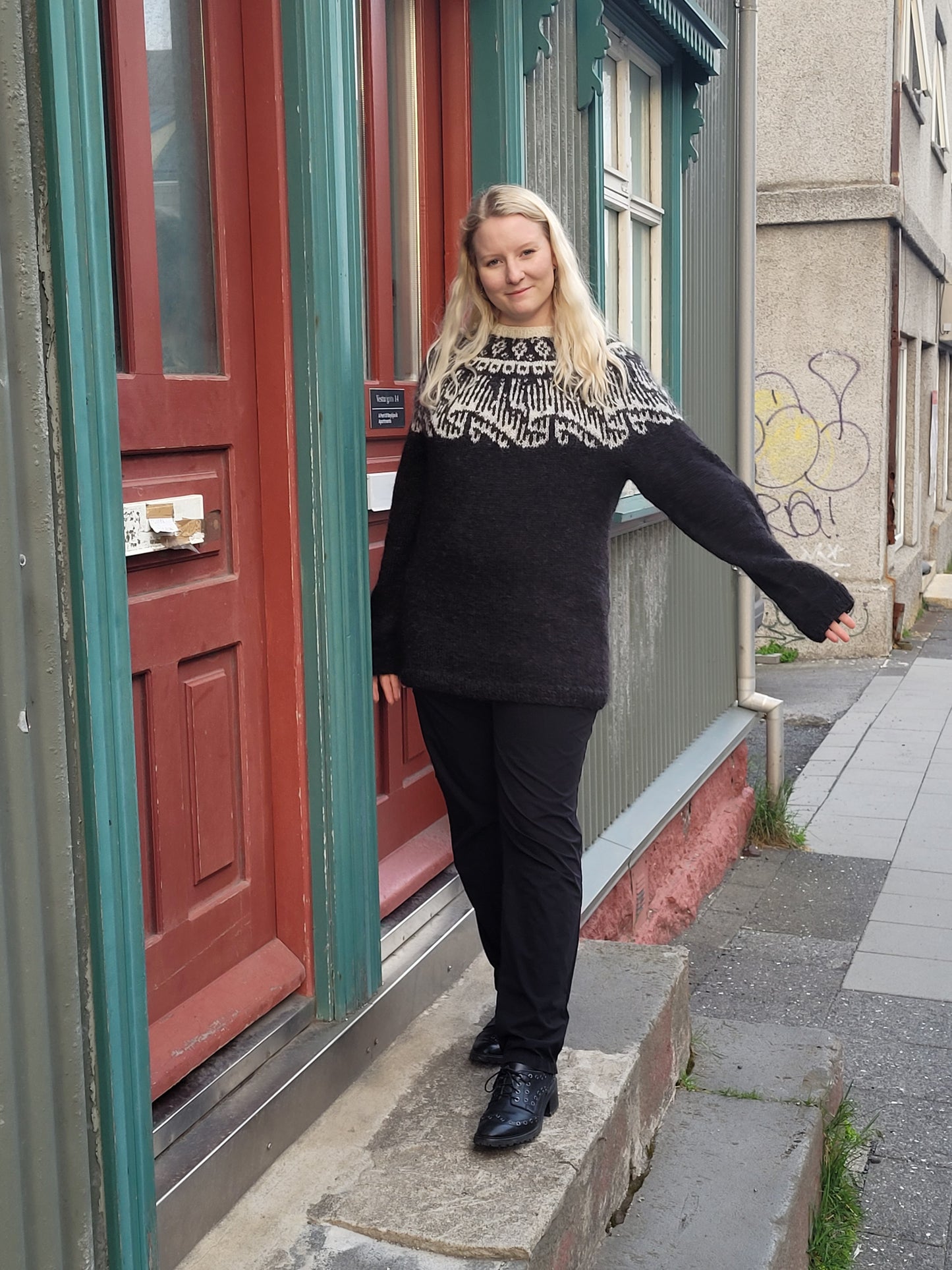 Northern lights sweater knit by Jónína Kristjánsdóttir