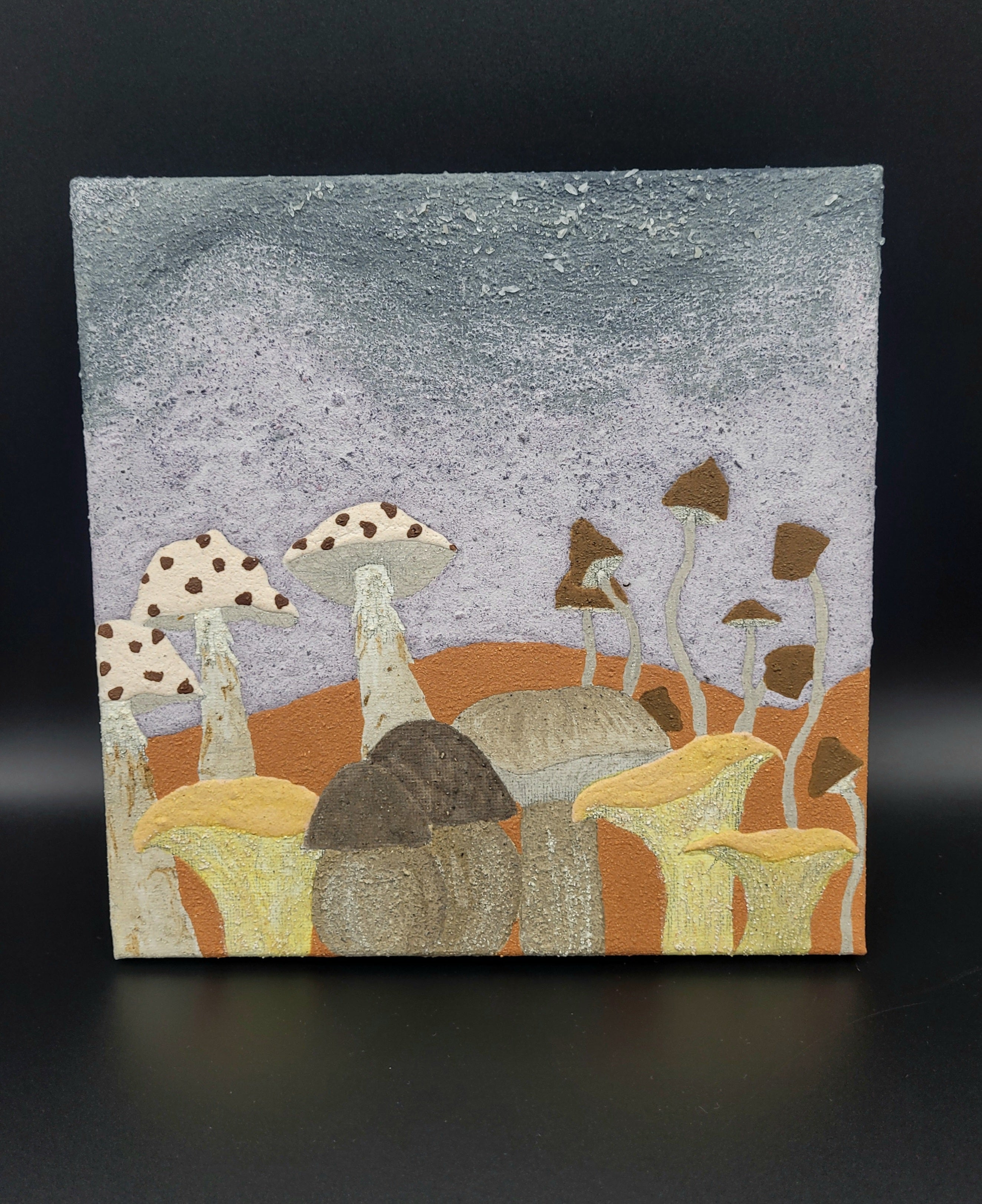 Painting of a mushroom scene with a textured background