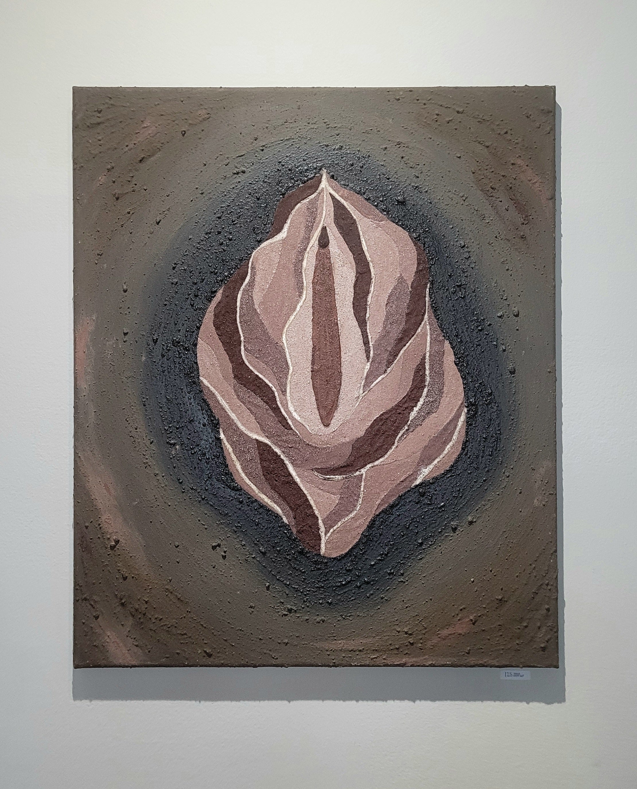 Abstract art piece with a central vulva-like shape on a textured background