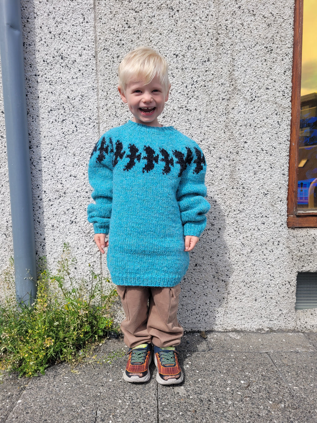 Child wearing a blue sweater with black patterned ravens standing on a street corner.