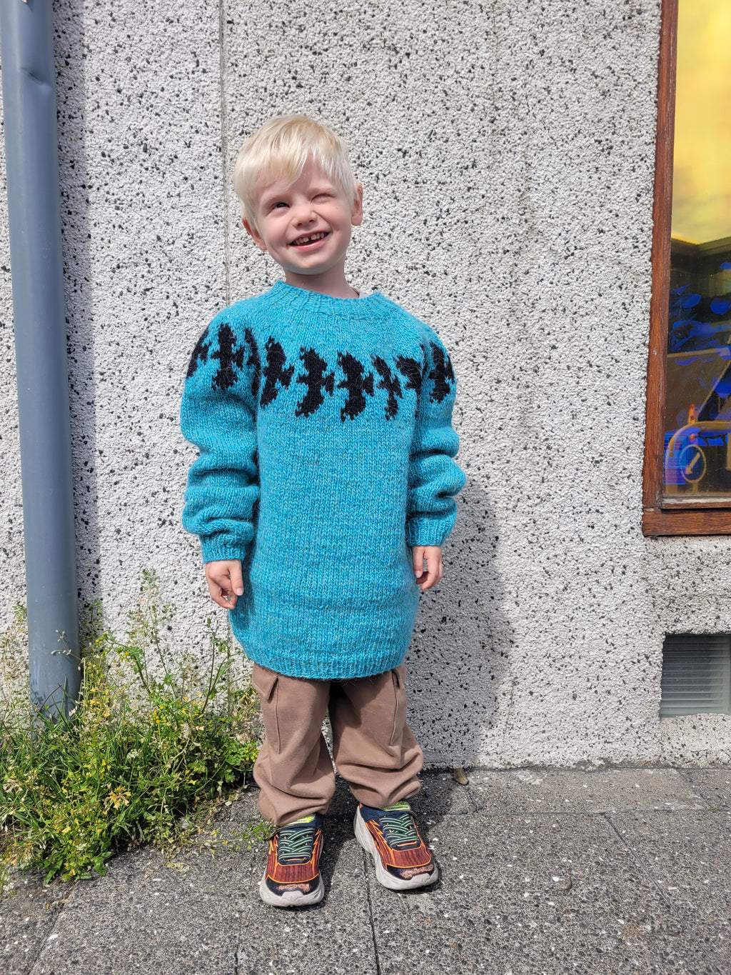 Child wearing a blue sweater with black patterned ravens standing on a street corner.
