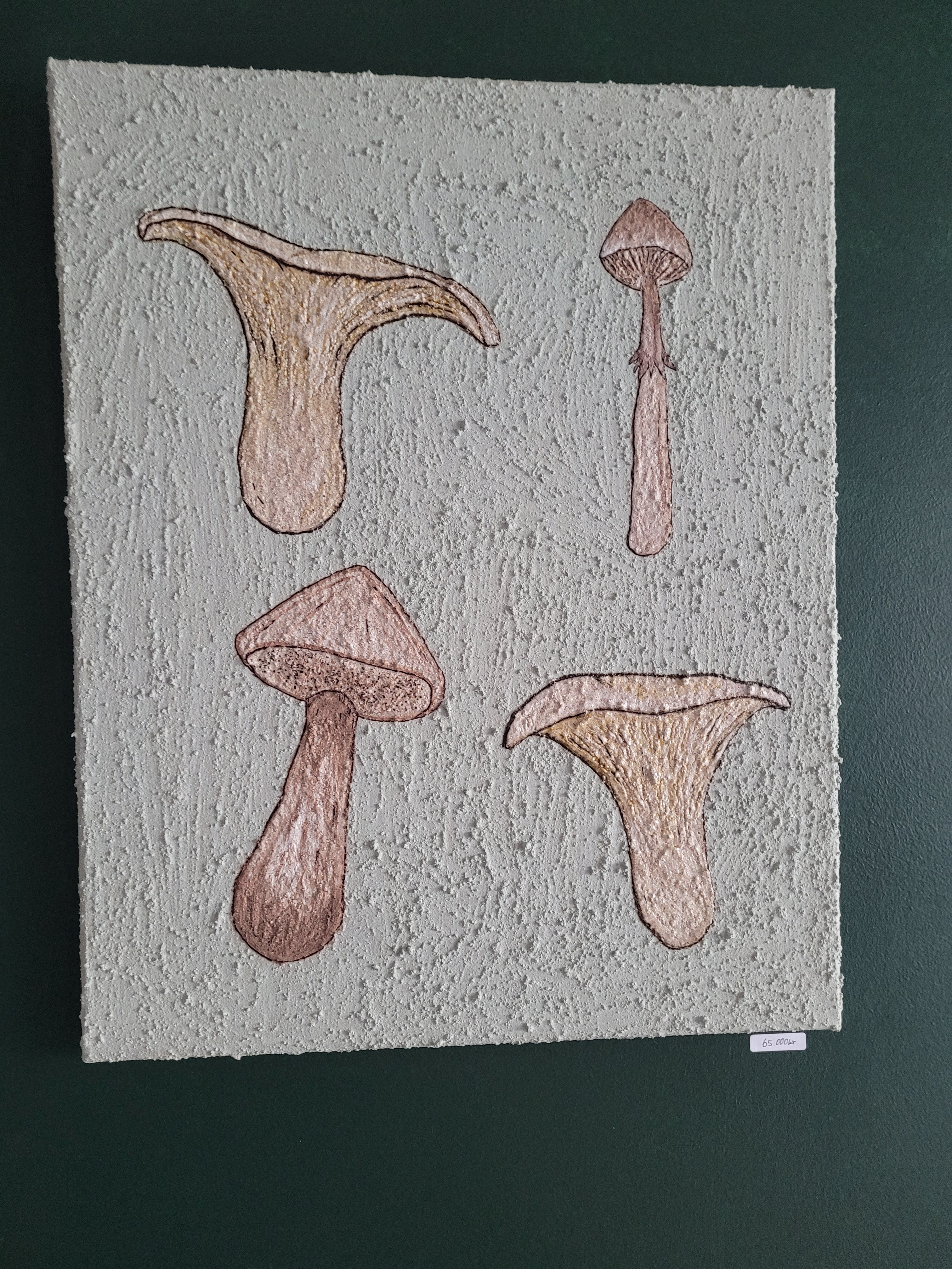Painting with mushroom shapes on a textured gray surface with a dark background