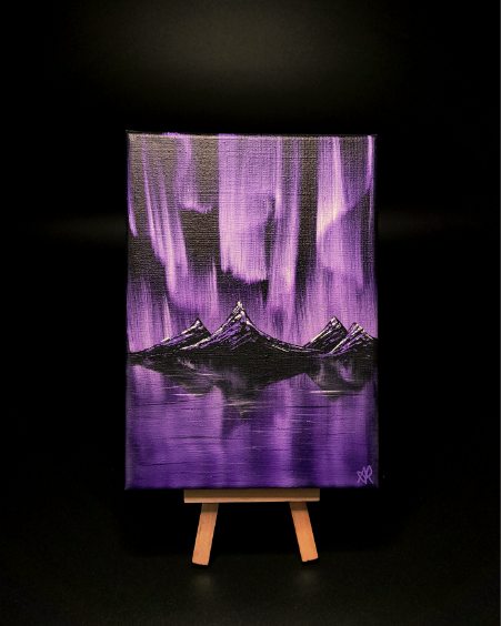 Painting of purple mountains and aurora on a black background