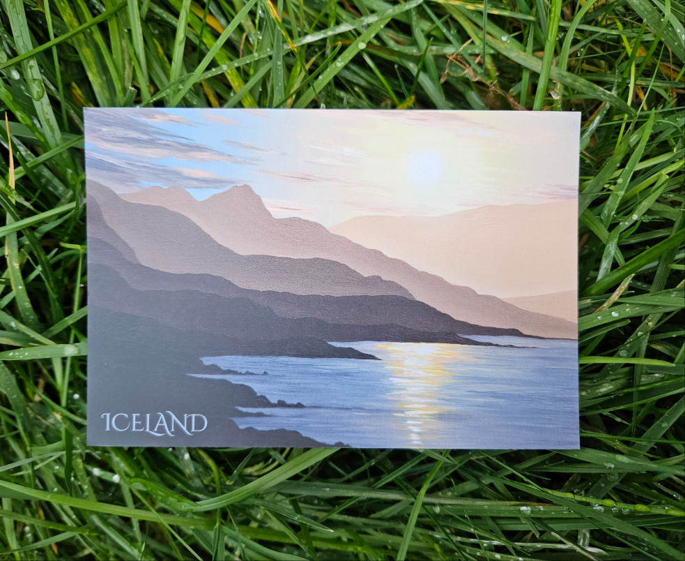 Postcard with a scenic illustration of Iceland on grass