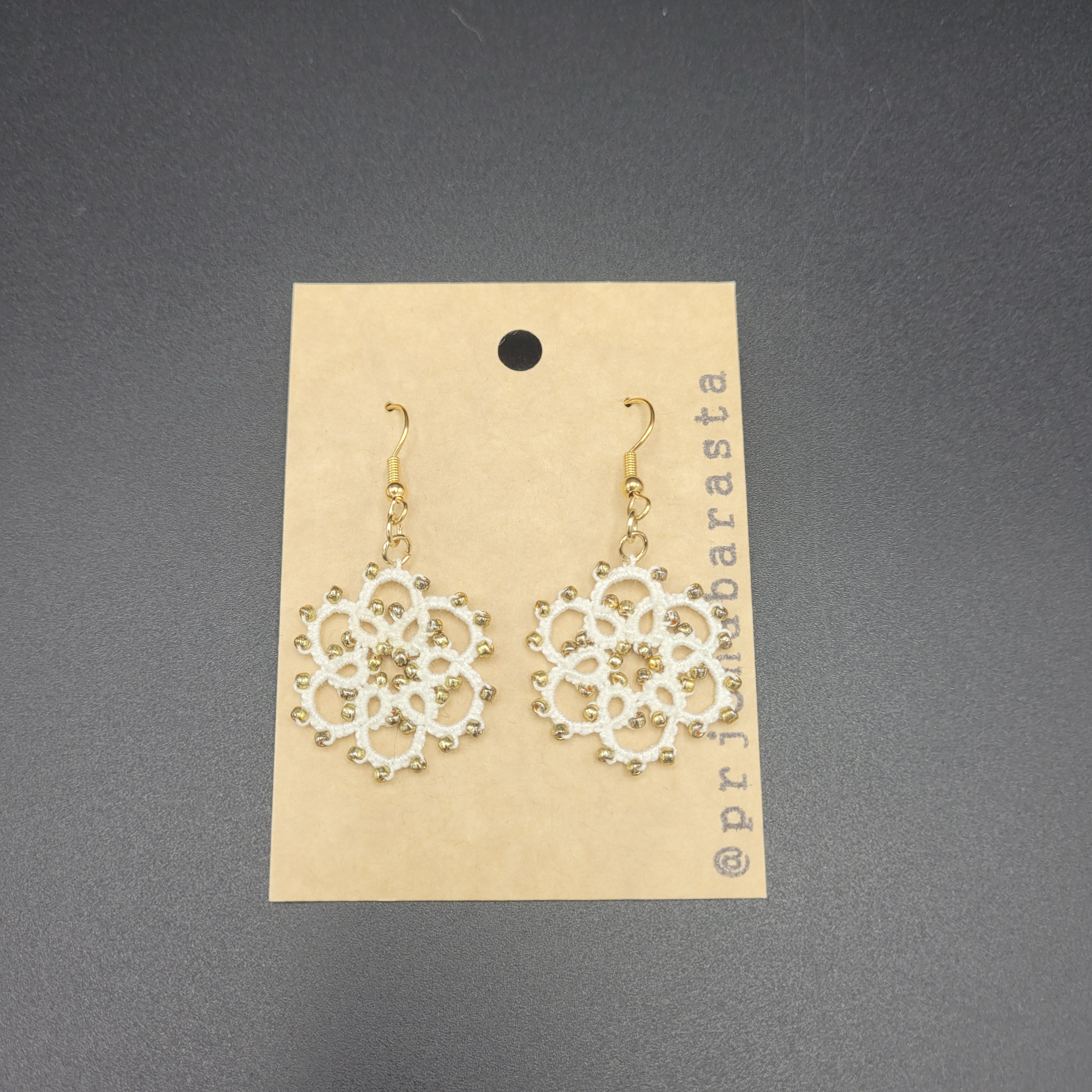 Tatting Lace Earrings - Small, White and Gold - by Prjónabarasta
