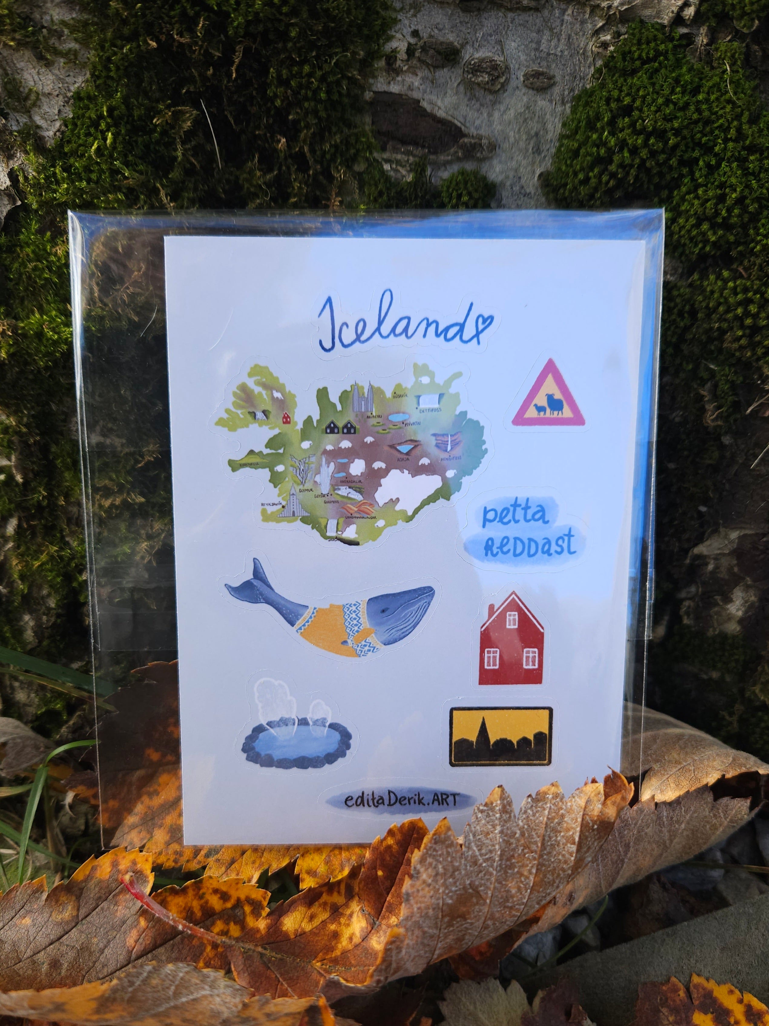 Card with illustrations of Iceland and text, placed on a natural background with leaves.